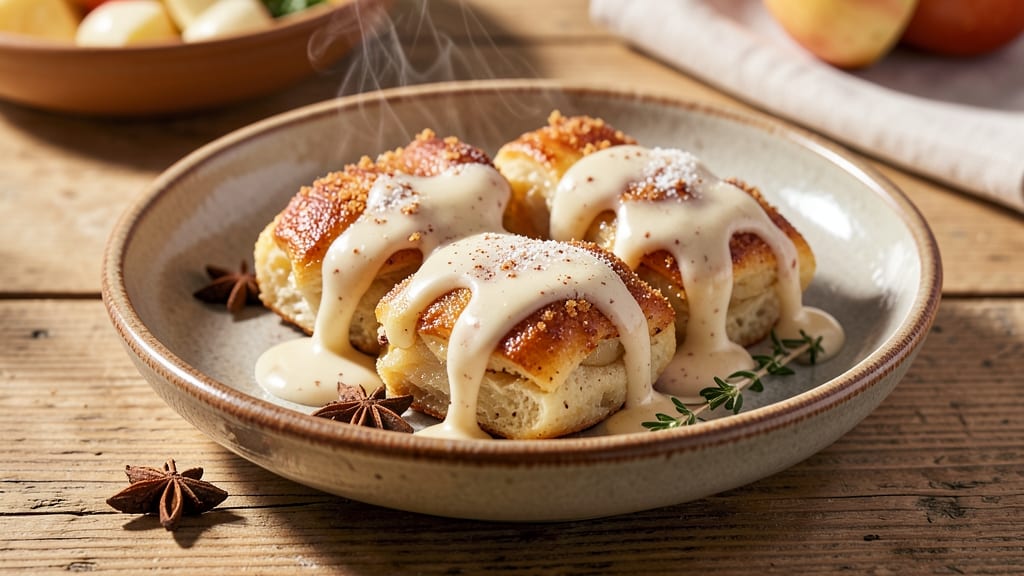 Recipe Apple Dumplings with Vanilla Sauce: Warm Spice Streusel Hugs Tart Apple Filling