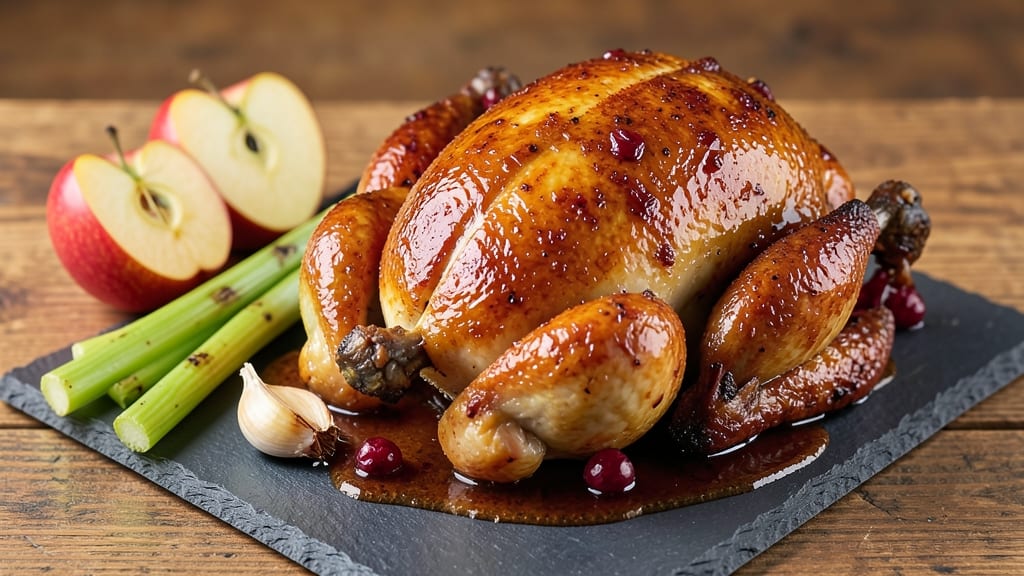 Apple and Cranberry Roasted Chicken Recipe: Juicy Meat with Sweet-Tart Glaze and Crispy Celery Topping