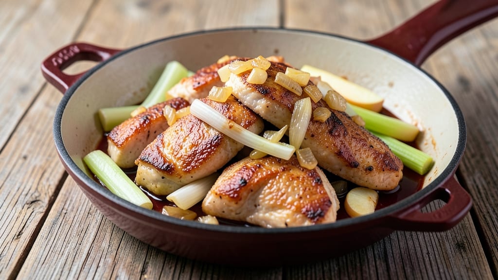 Chicken Apple Leek Recipe: Apple-Cider Braised Bites With Crispy Celery Crunch