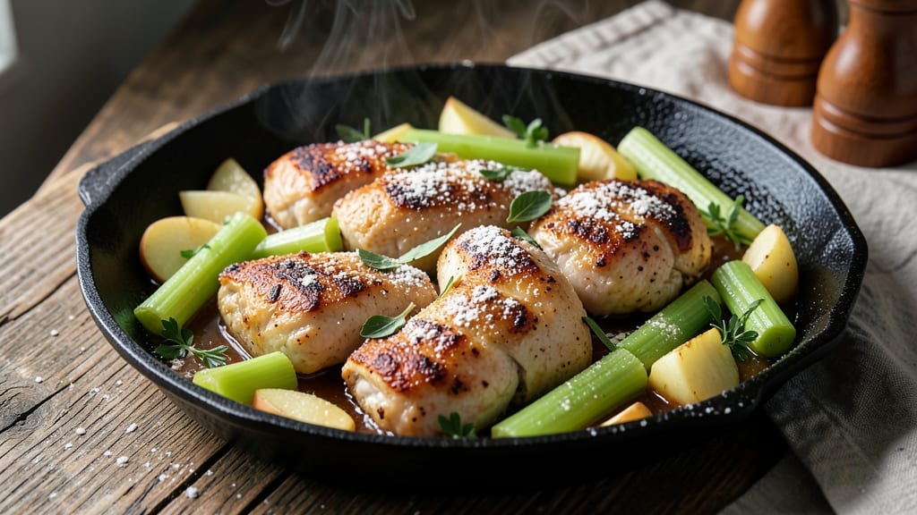 Apple Chicken Skillet Recipe: Crispy Celery Crust Meets Sweet Apple Cider Braise