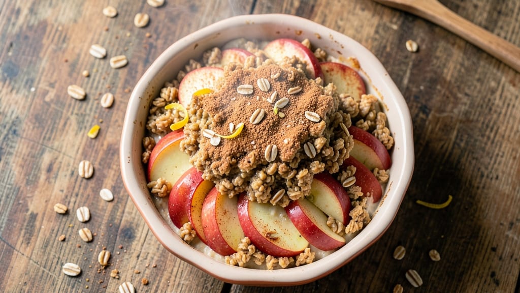 Easy Baked Apple Oatmeal Breakfast Recipe: Warm Spice Streusel Crown Over Tart Apple Filling