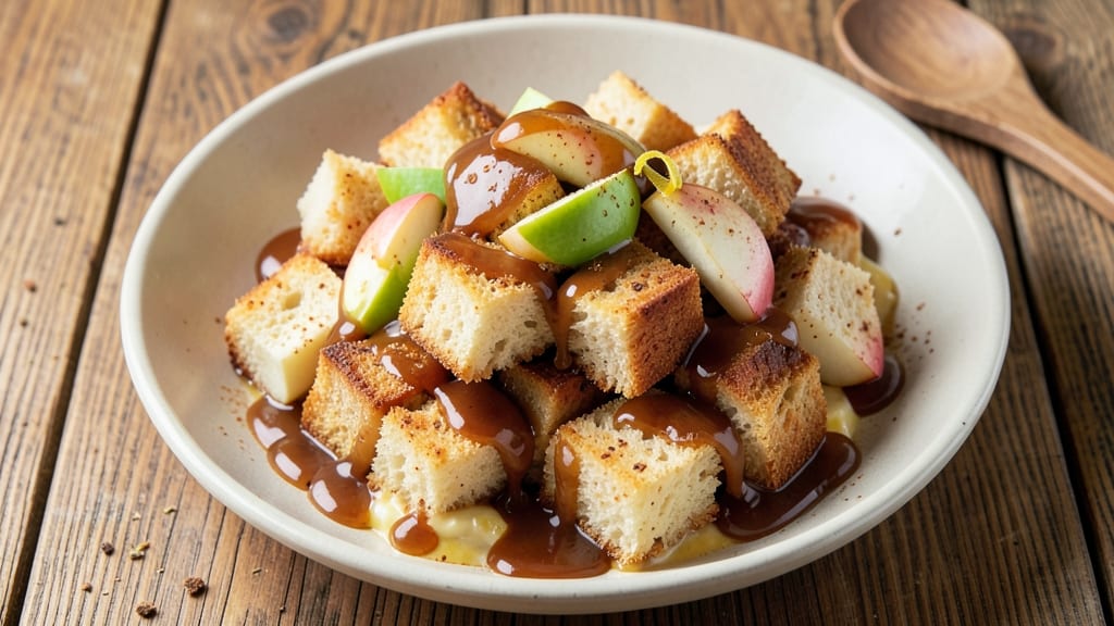 Apple Bread Pudding With Caramel Sauce Recipe: Warm Spice Streusel Crown Over Tart Apple Layers